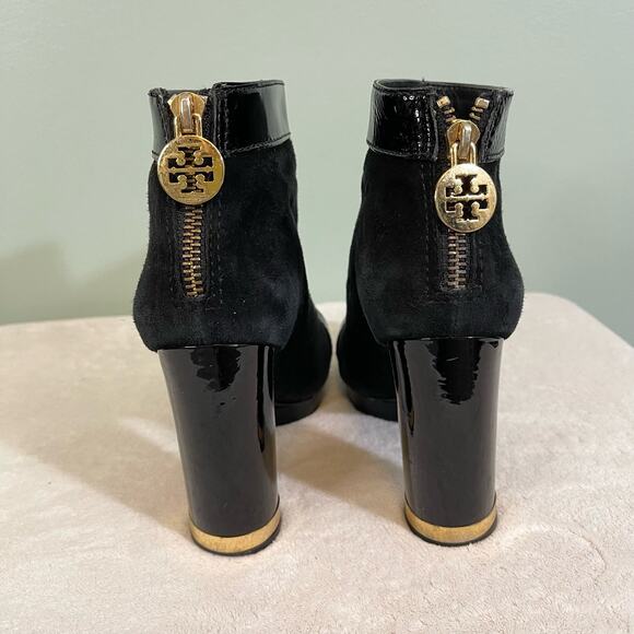 TORY BURCH Booties Womens 5.5 Suede Leather Zip Pull On Block High Heel Black - Picture 3 of 13